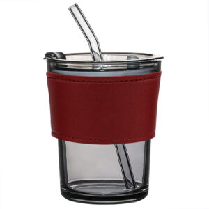 Стакан стеклянный с трубочкой и капхолдером Karamel, бордовый