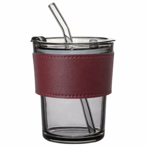 Стакан стеклянный с трубочкой и капхолдером Karamel, бордовый.